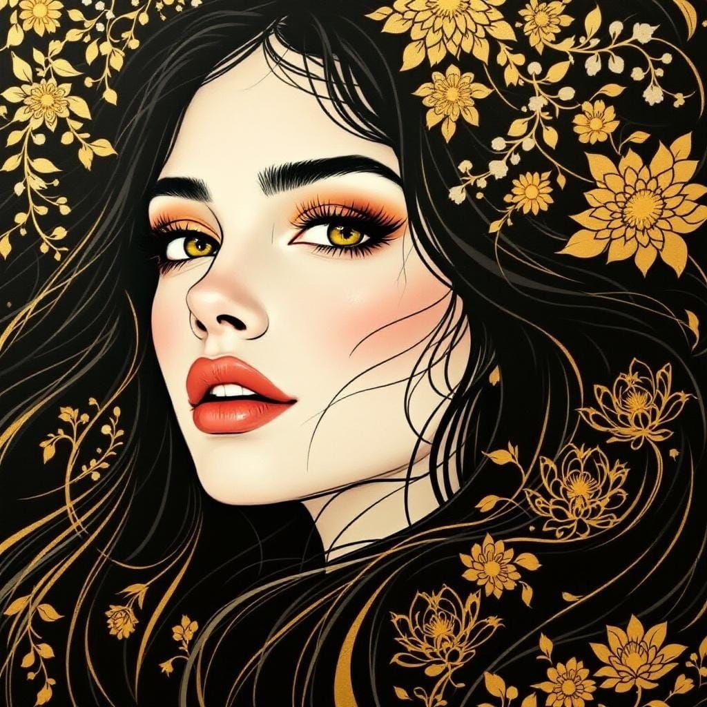 Elegant Woman with Gold Floral Hair in Linocut Style