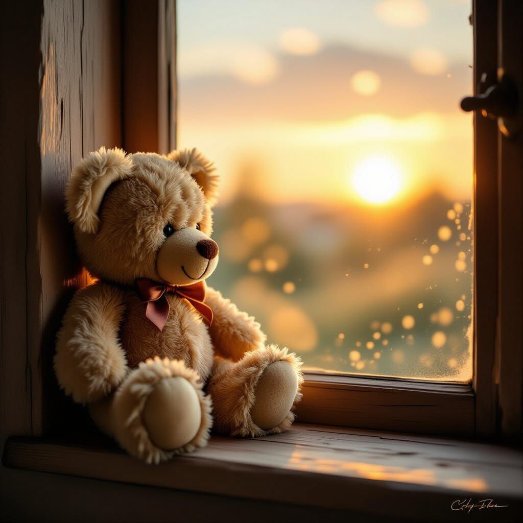 Vintage Teddy Bear Gazes at Dreamlike Landscape