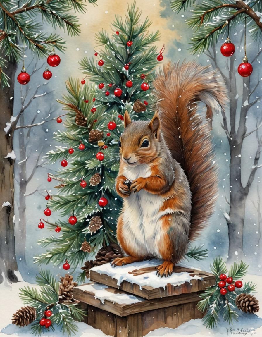 Squirrels Celebrate Christmas: Watercolor and Ink