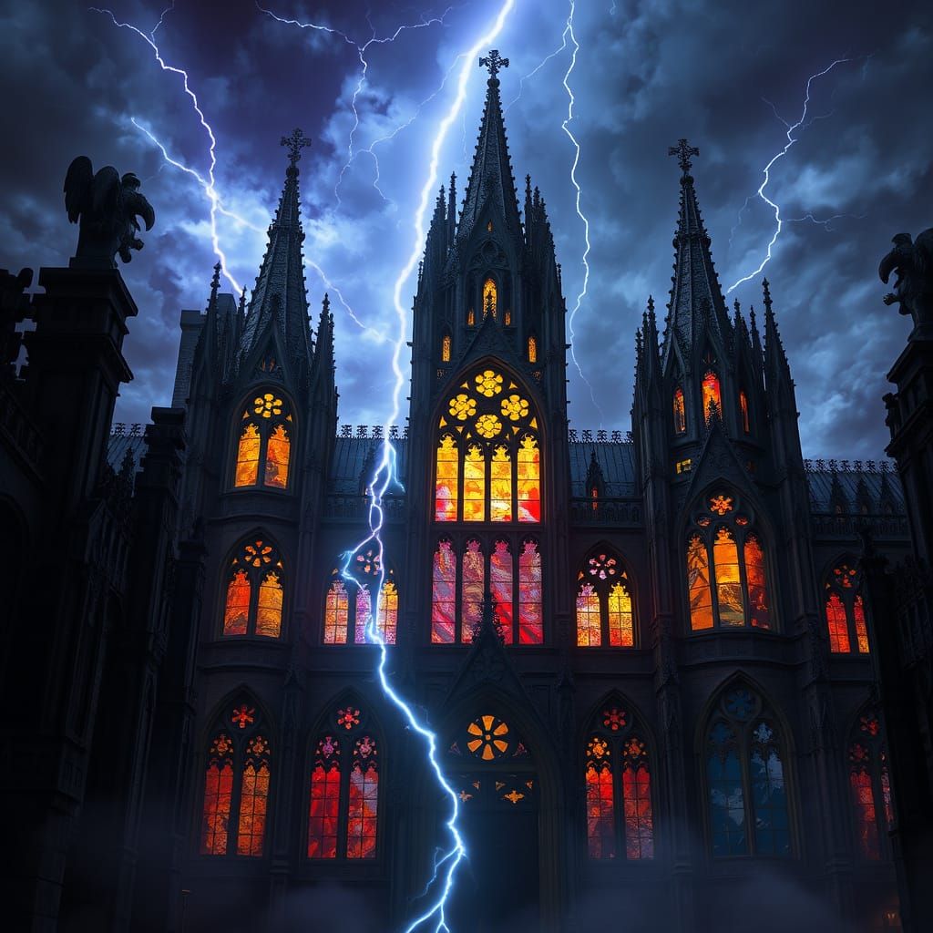 Gothic Cathedral Defies the Storm in Dark Fantasy Style