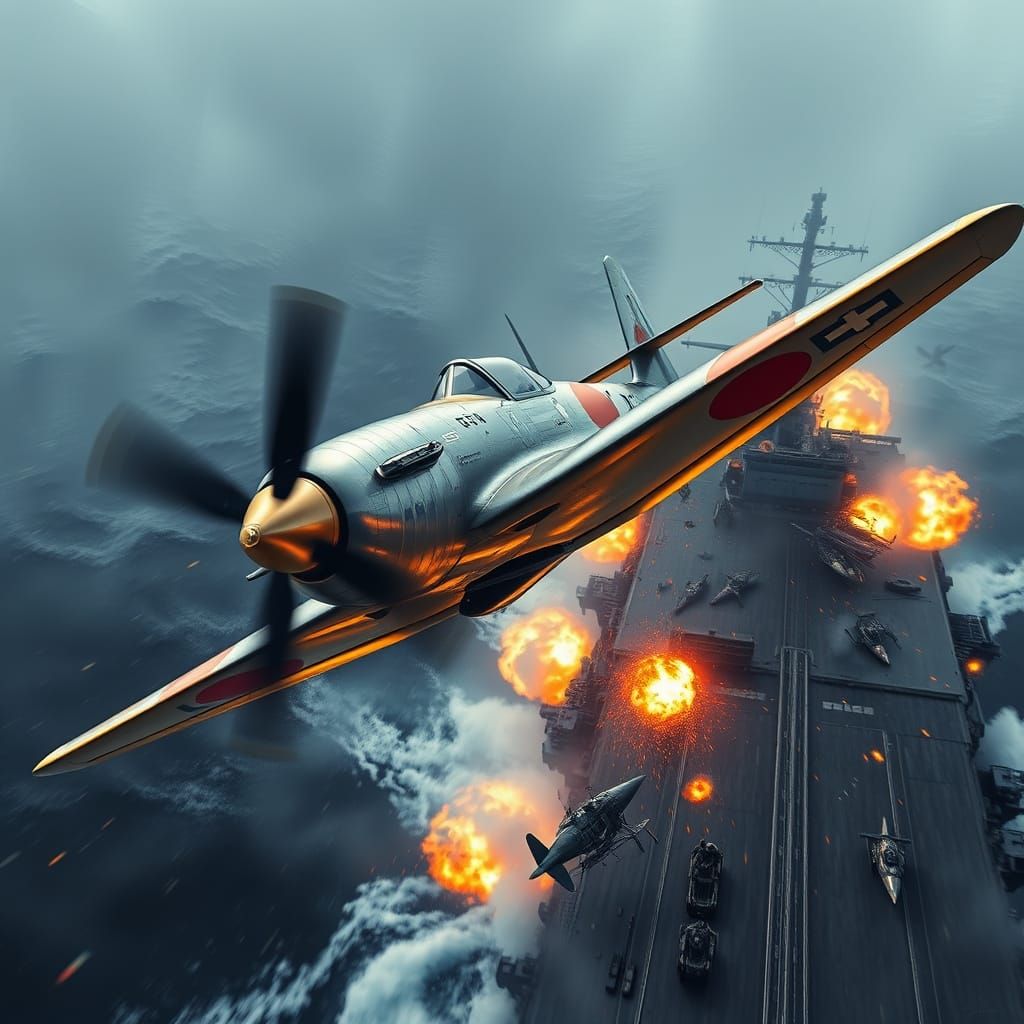 Japanese WWII Fighter in Piqué Dive on American Aircraft Car...