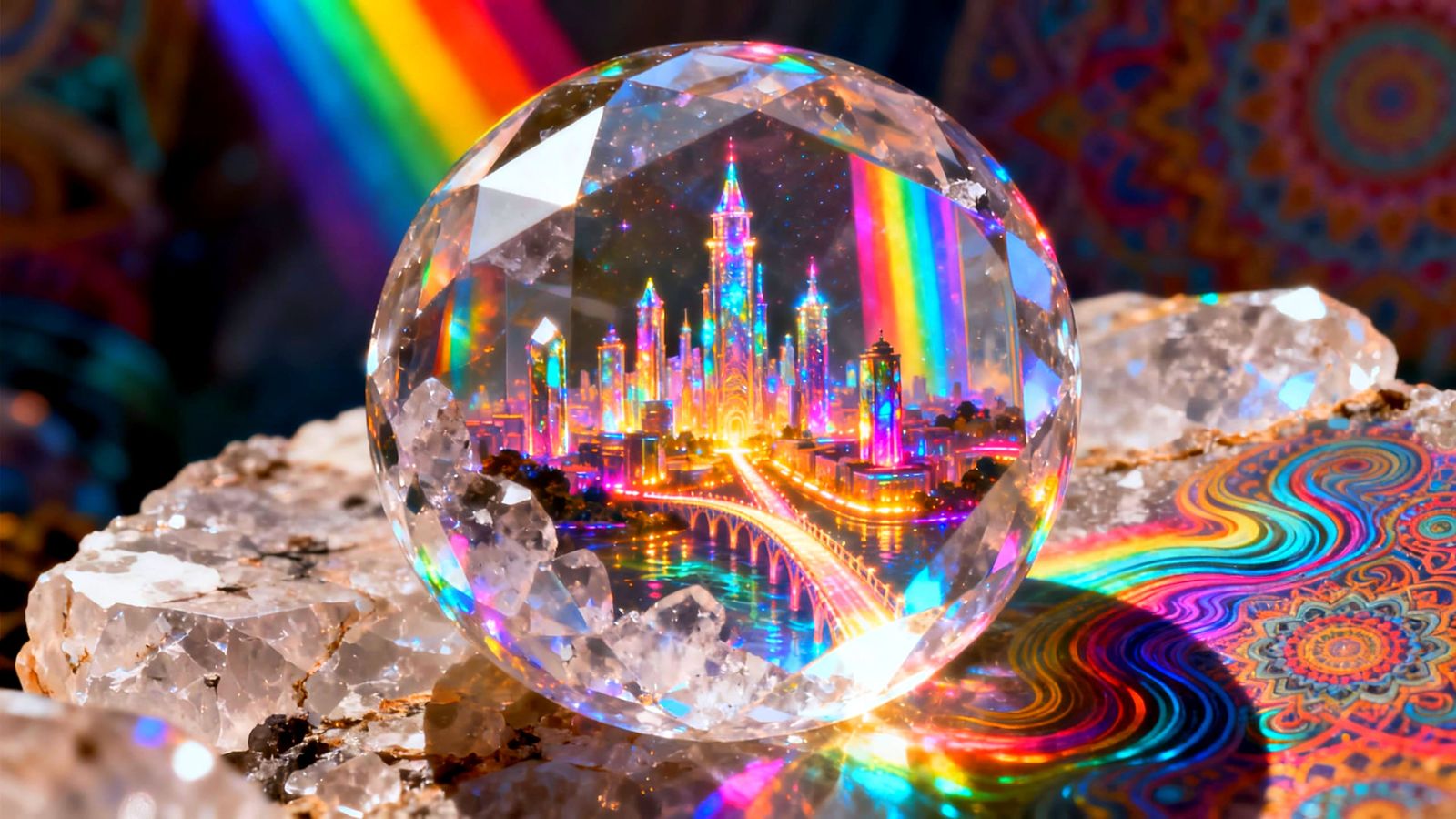 Cosmic Crystal Sphere With Tiny City and Psychedelic Light