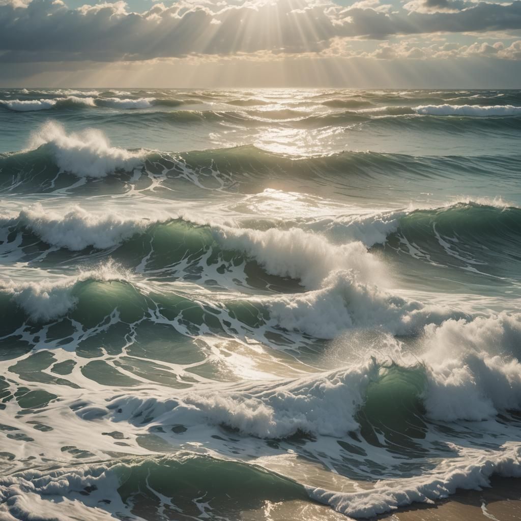 Divine Ocean Waves with Sunlight Beams