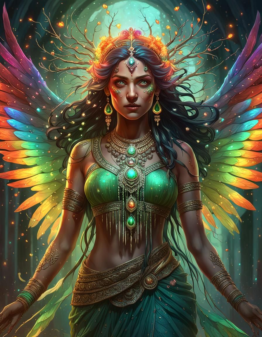 Indian Goddess with Rainbow Lighting and Wings