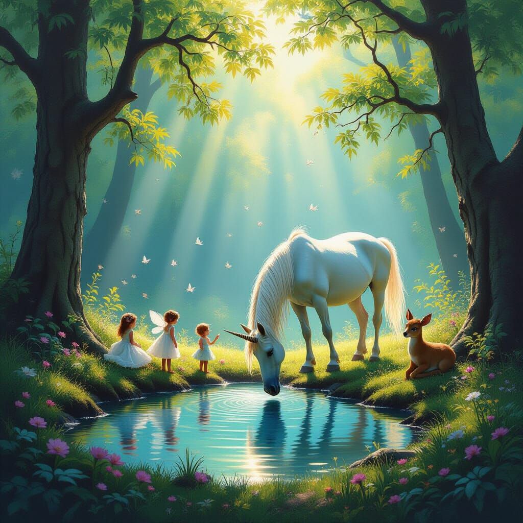 Unicorn Drinks from Magic Pool in Sun-Dappled Forest