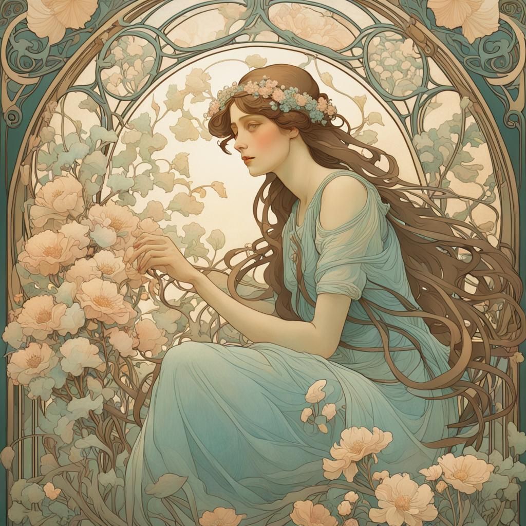Art Nouveau Woman Surrounded by Flowers