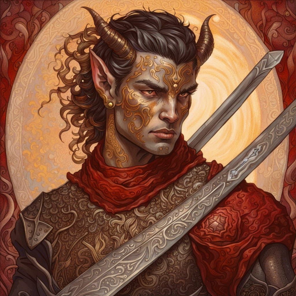 Male Tiefling Warrior Portrait in Fantasy Style