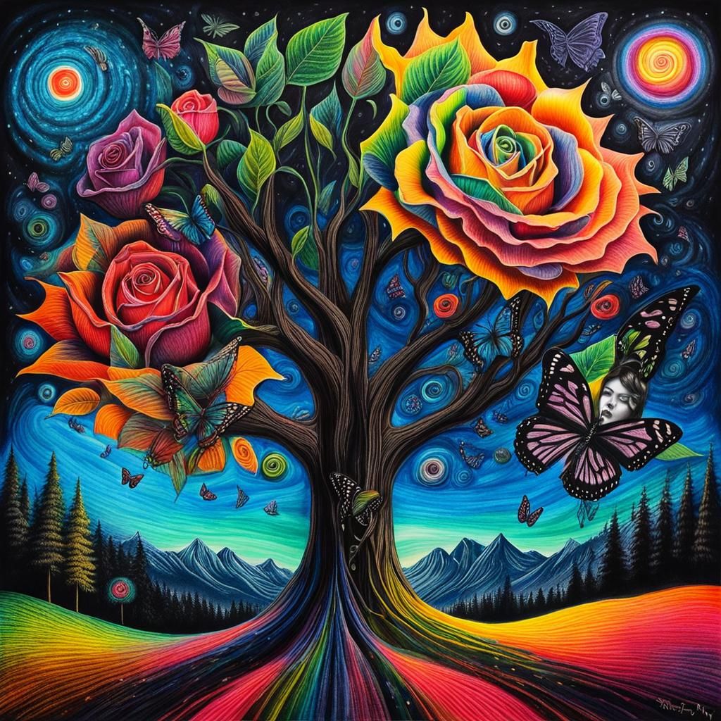 Surreal Crayon Drawing: Goth Woman in Darkness