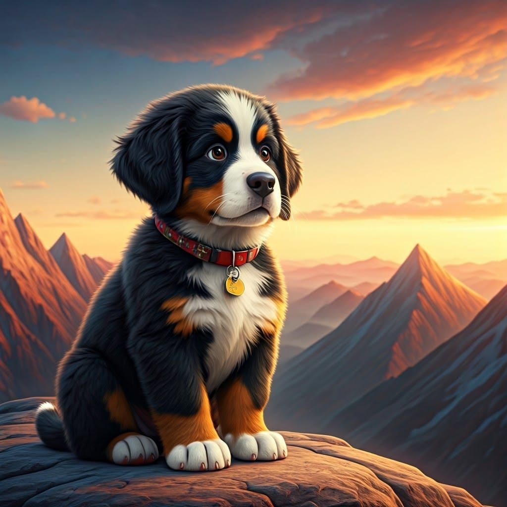 Bernese Puppy on Mountain in Pixar Animation Style
