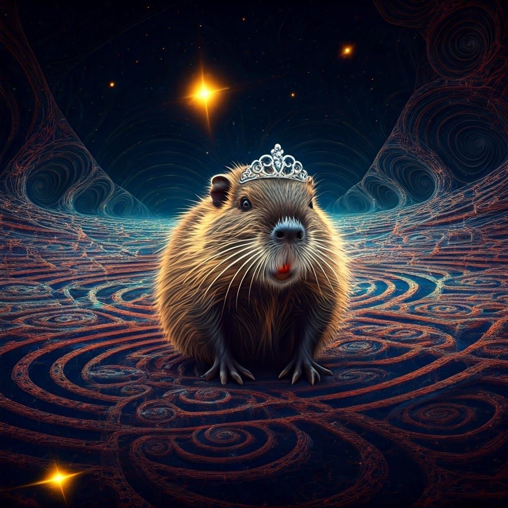 Adorable Coypu on Cosmic Throne with Fractals