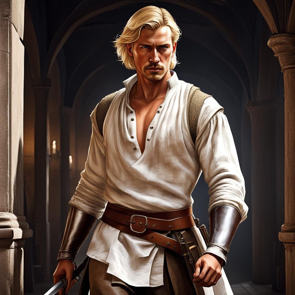 Medieval Mercenary with Sabers in Dark Room