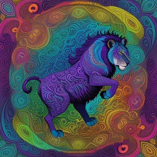 Psychedelic African Lion in Surrealist Style