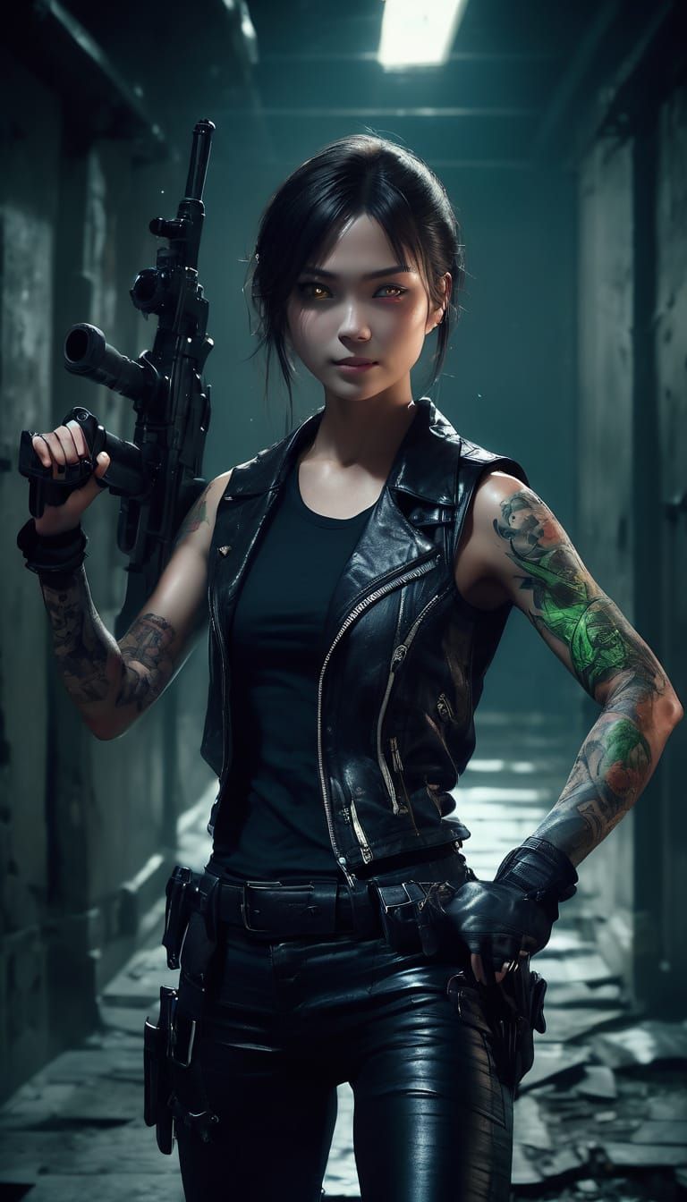 Tattooed Japanese Woman Aims Rifle in Dark Hospital Corridor