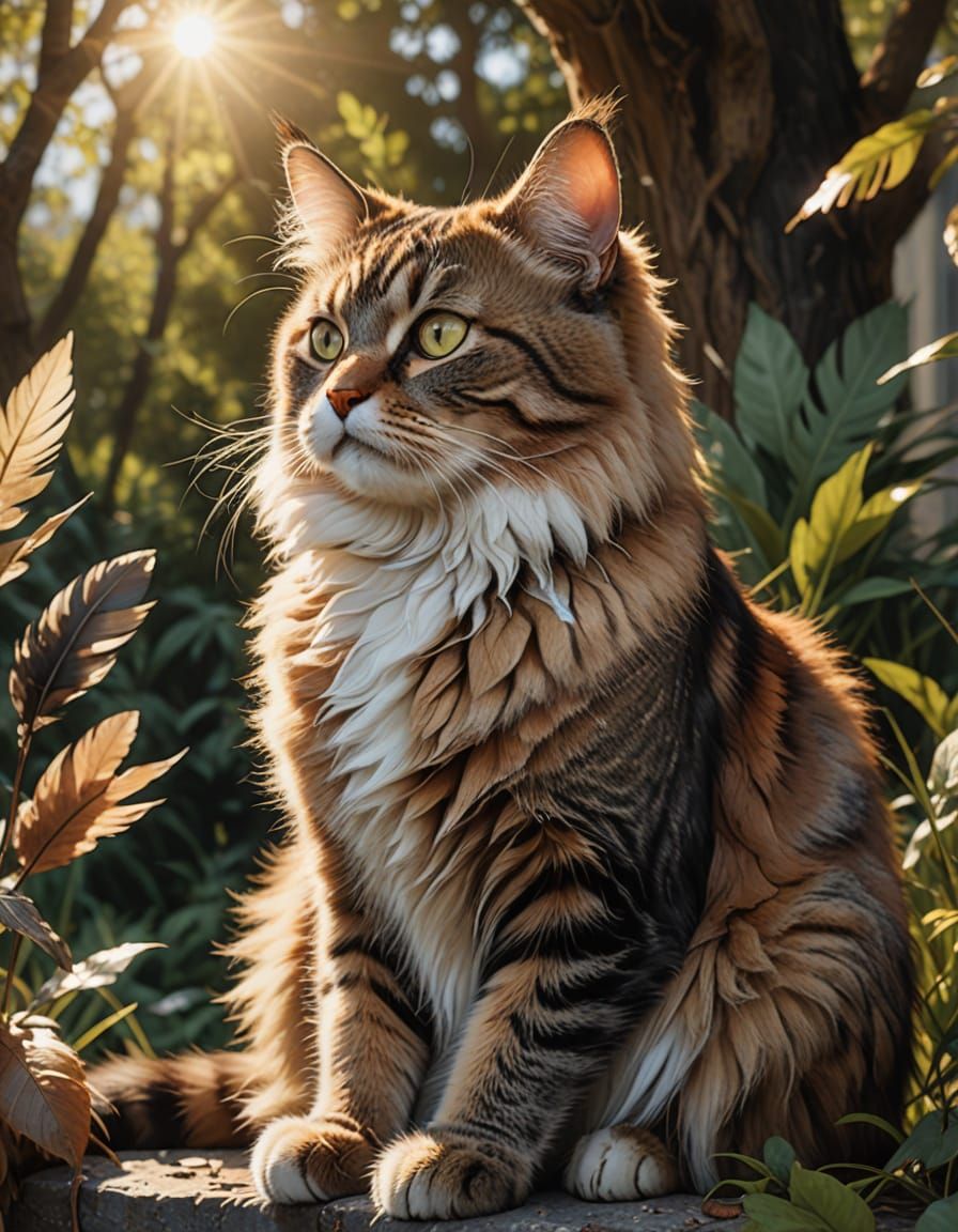 Fluffy Cat with Binoculars Bird Watching in Dappled Sunlight
