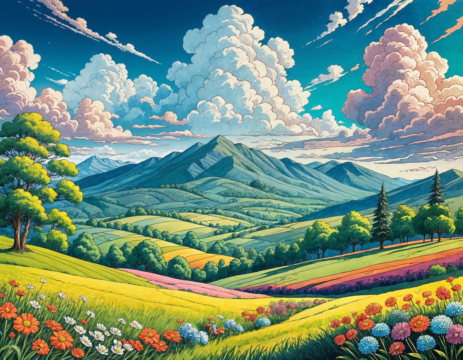 Doodled Landscape with Mountains and Cumulus Clouds