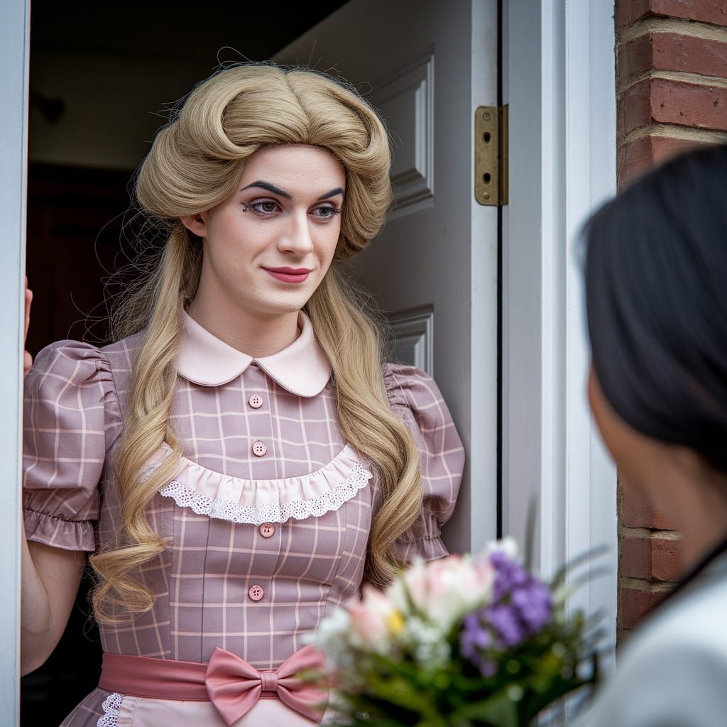 1990s Shy Crossdresser in Tartan Dress with Flowers