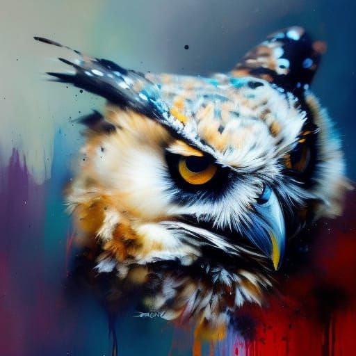 Radiant Great Horned Owl with Paint Splashes
