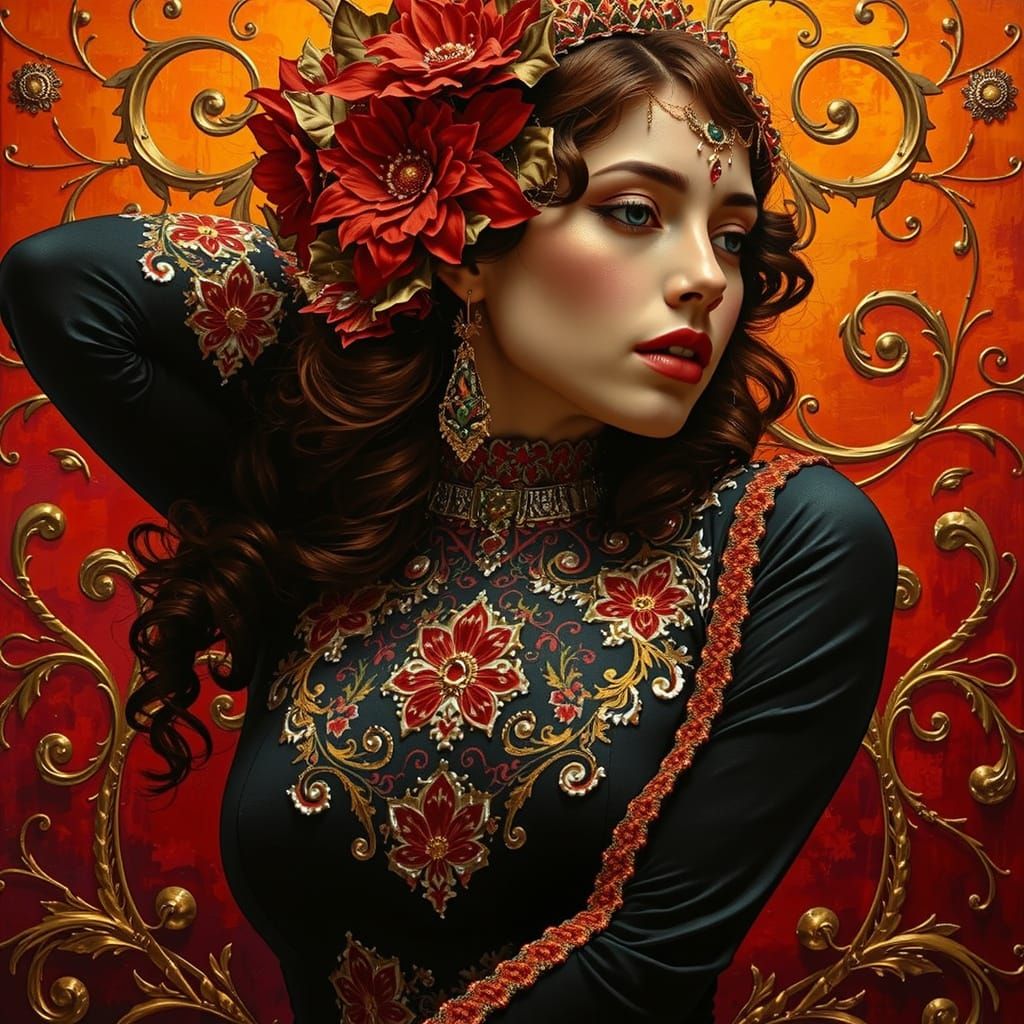 Detailed Fractal Design in Gold and Red Tones