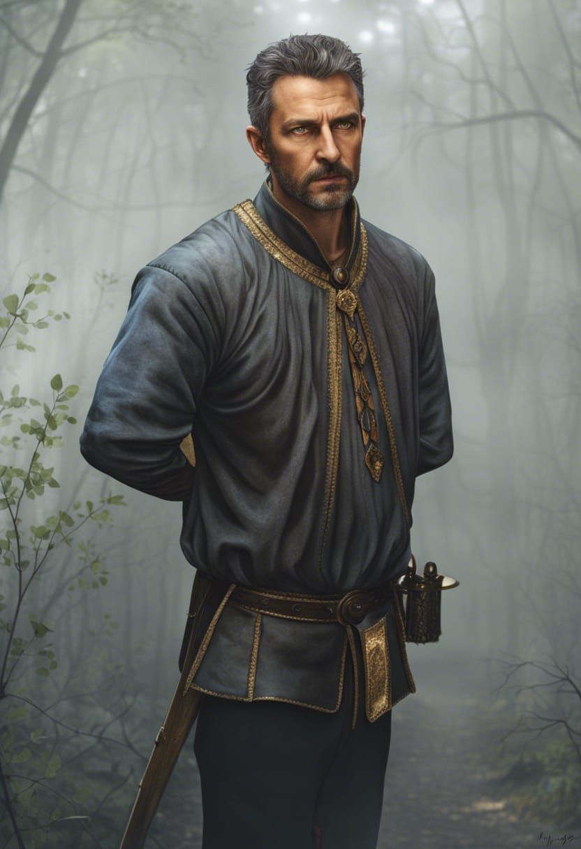 Medieval Man in Dark Woods at Midnight