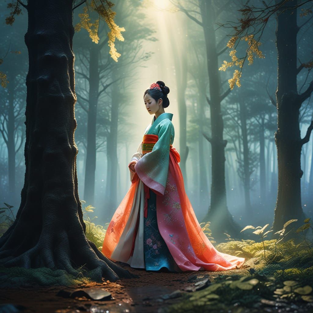 Korean Woman in Hanbok in Misty Forest