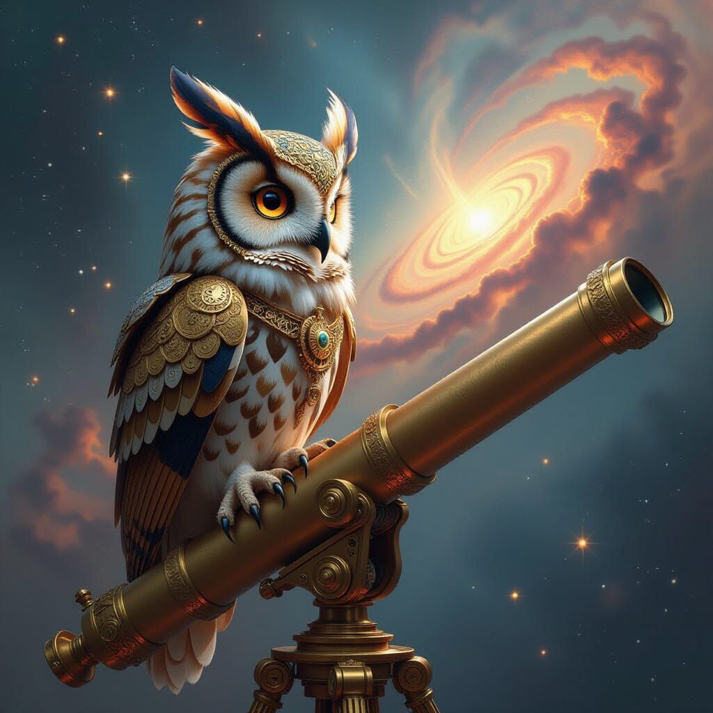 Clockwork Owl on Telescope Gazing into Nebula