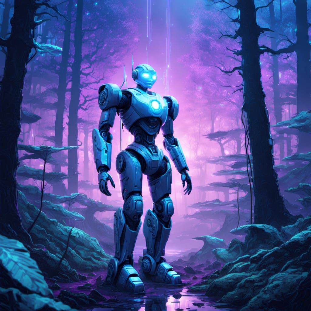 Futuristic Robot in Misty Forest, Digital Art