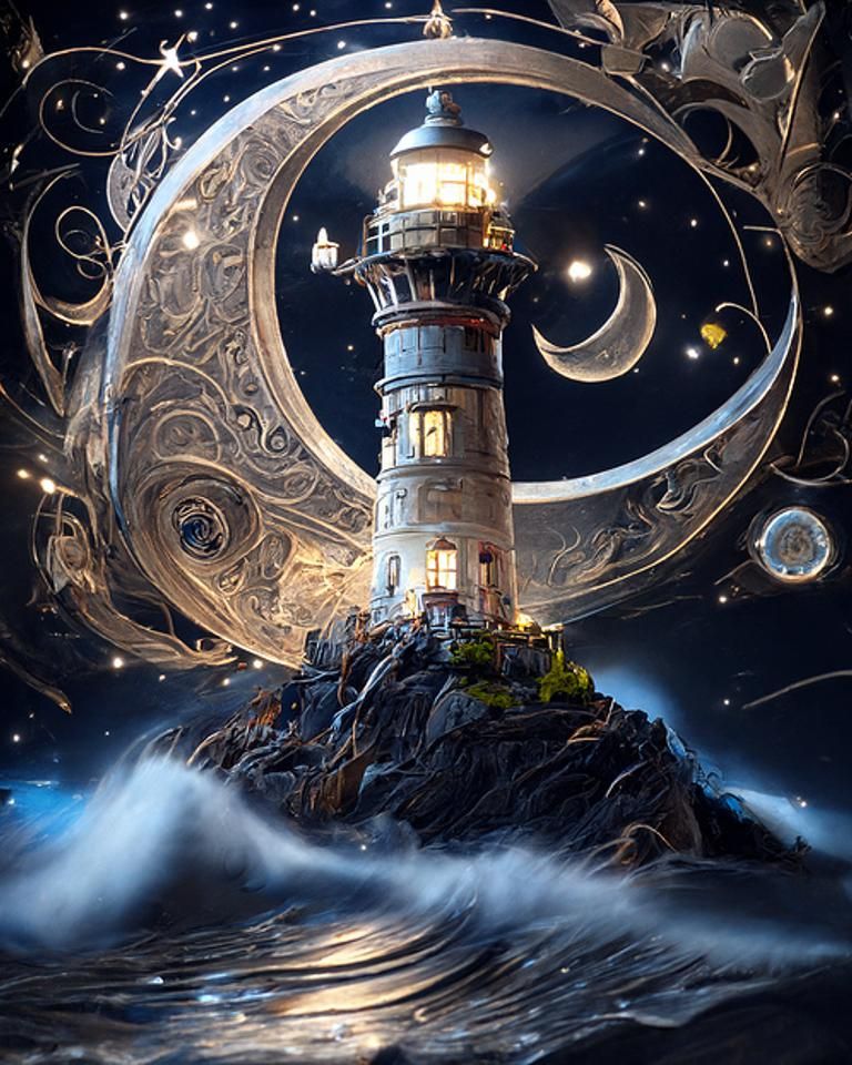 Crescent Moon Lighthouse in Hyperrealistic Detail