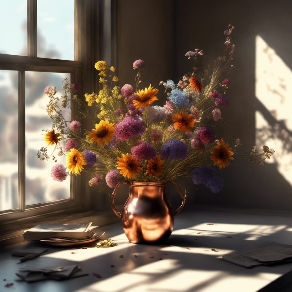 Dry Flowers by Window in Hyperrealist Style