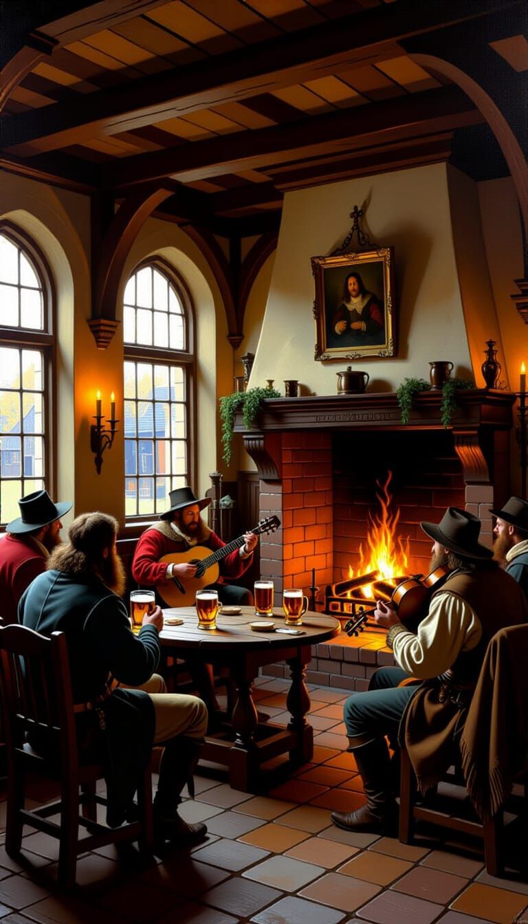 Cozy Tavern Scene with Bard and Patrons, Oil Painting