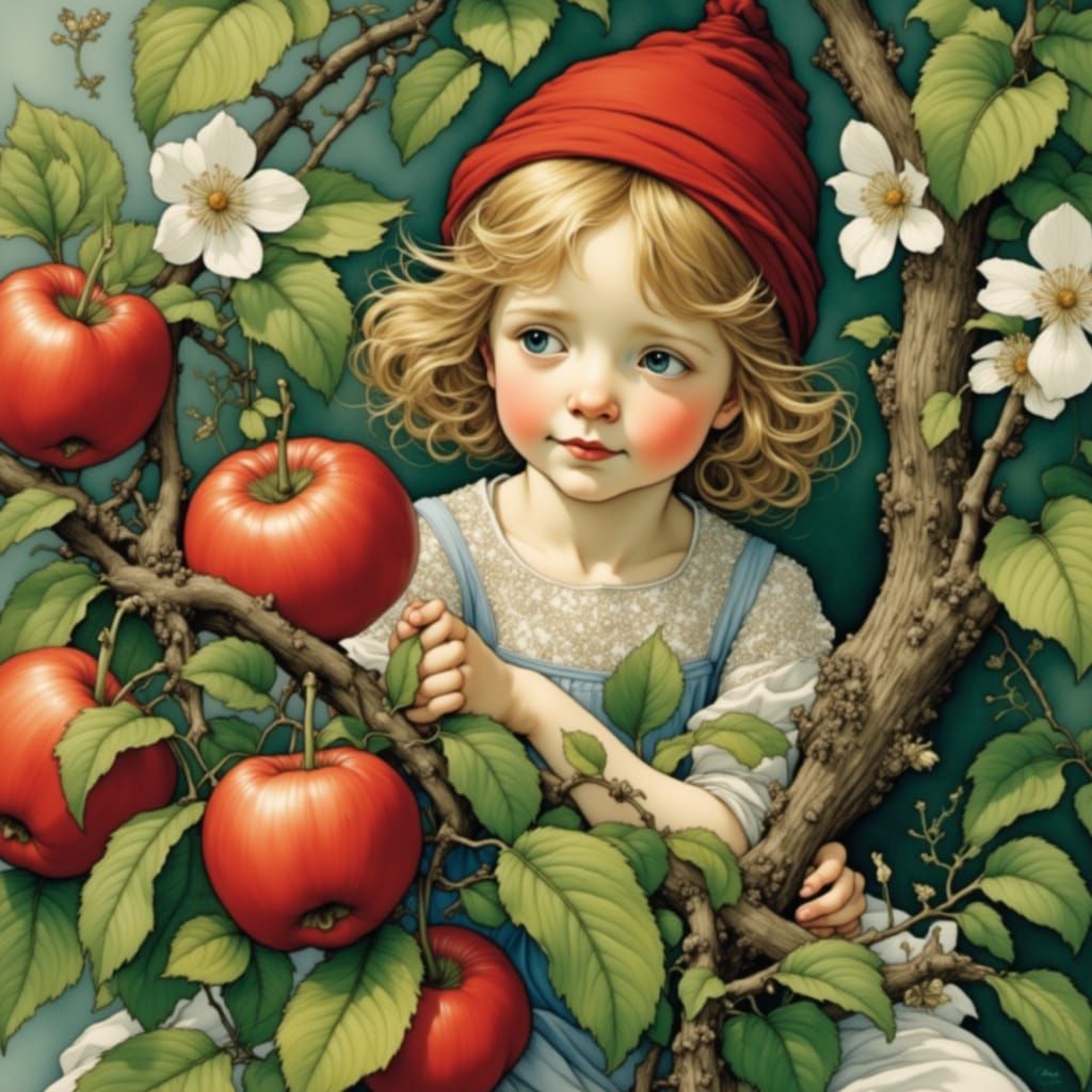 Delicate Flower Girl in Whimsical Apple Tree Scene