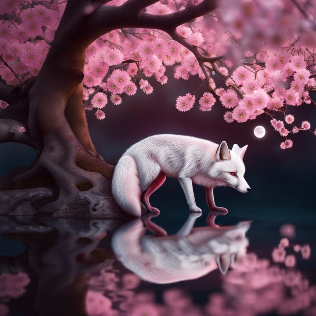 Fox Under Cherry Blossom Tree with Crescent Moon