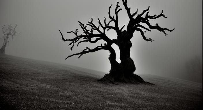 Eerie Halloween Landscape with Dead Tree in Burton Style