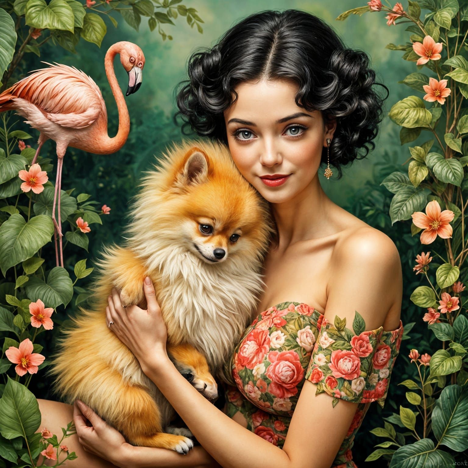Betty Boop Style Cartoon Girl with Pomeranian