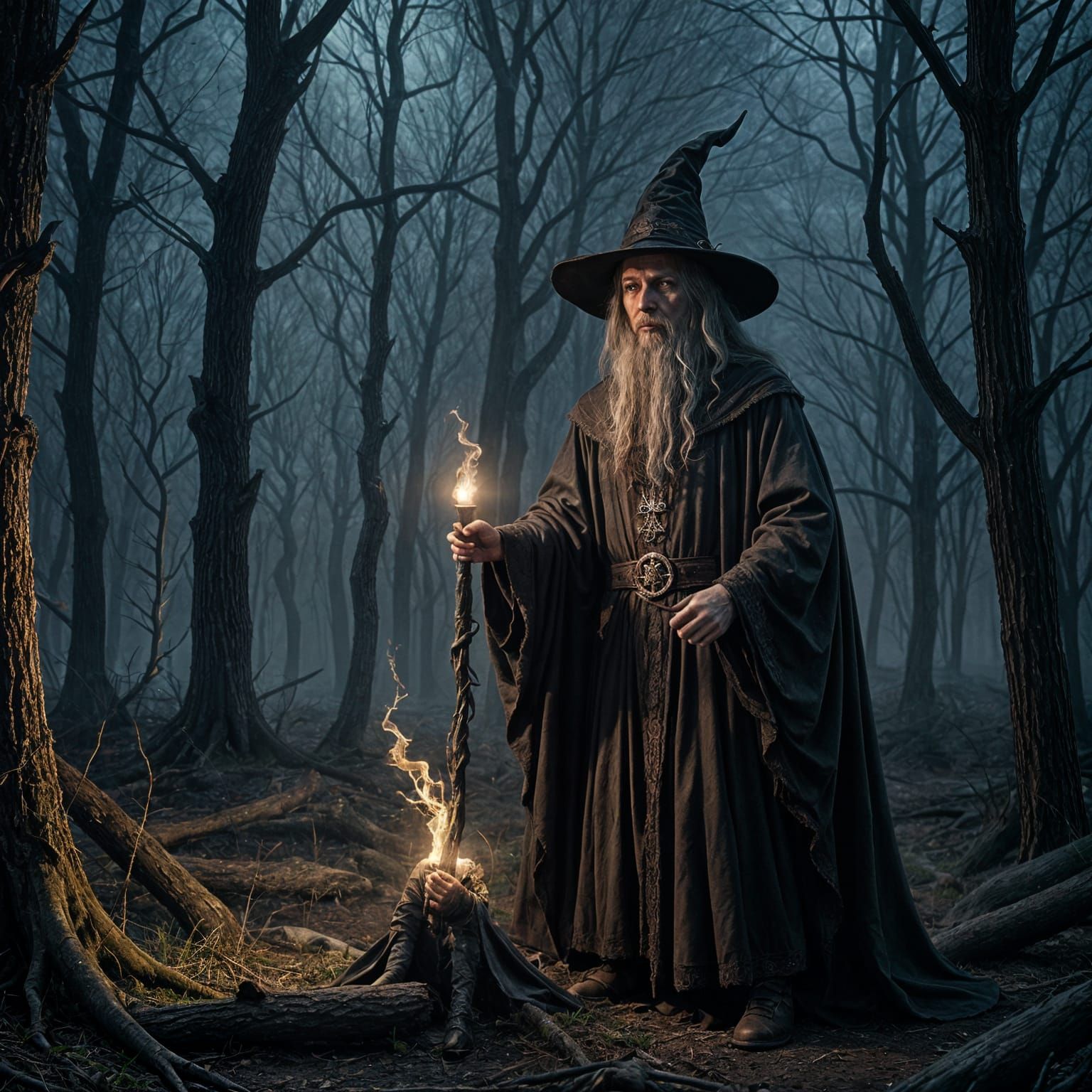 Eerie Gothic Wizard Conjuring Souls in Dark Wilderness