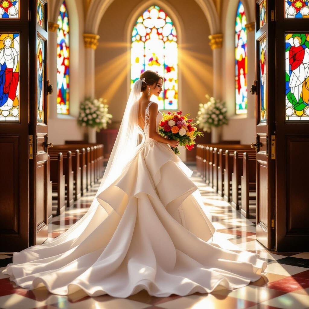 Joyful Bride in Sunlit Church, Impressionist Style