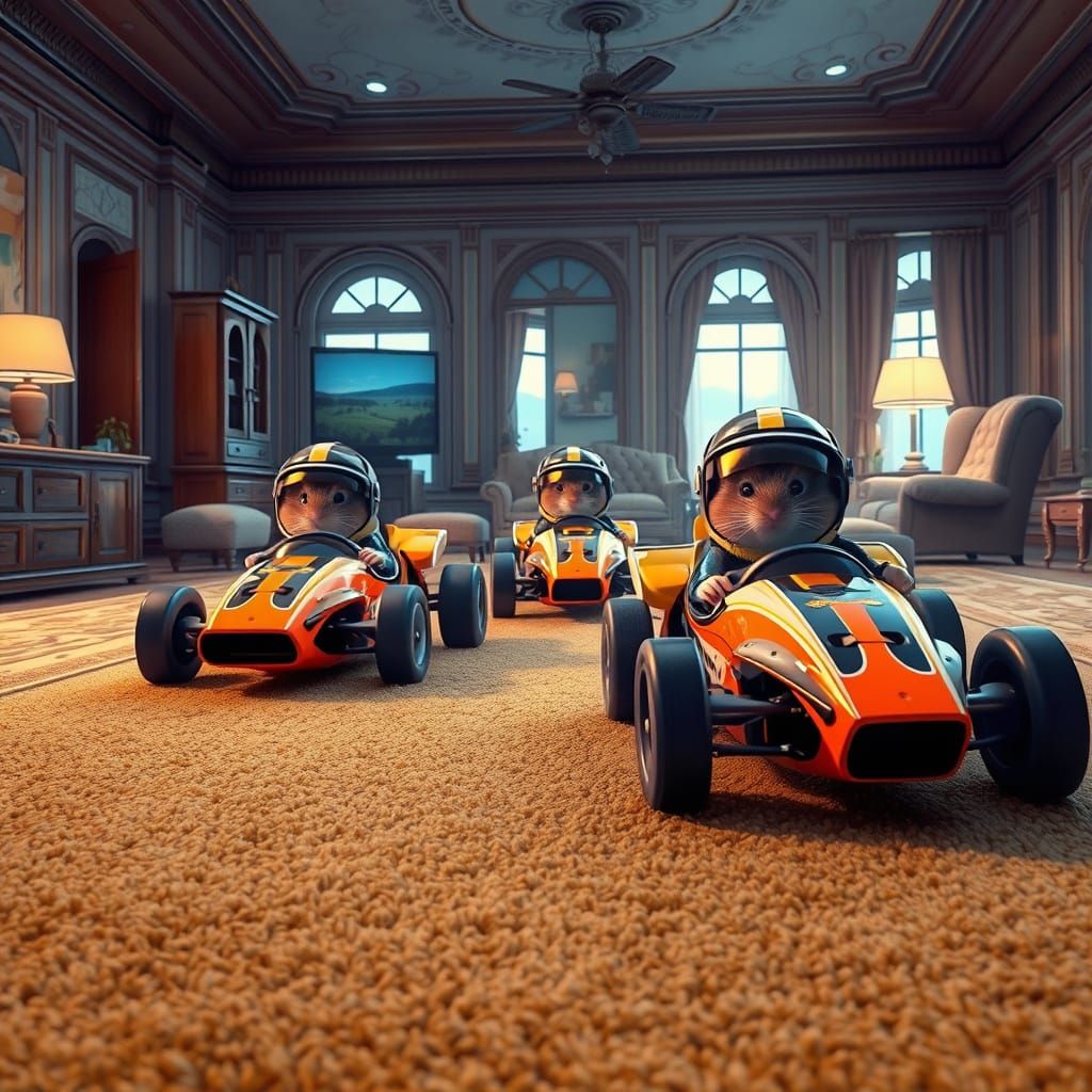 Hamsters Race Miniature Cars in Hyperrealistic Living Room