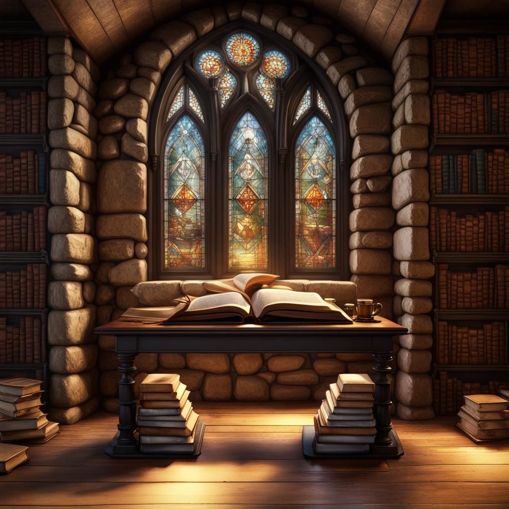 Stacks of Books with Open Book in Fantasy Art