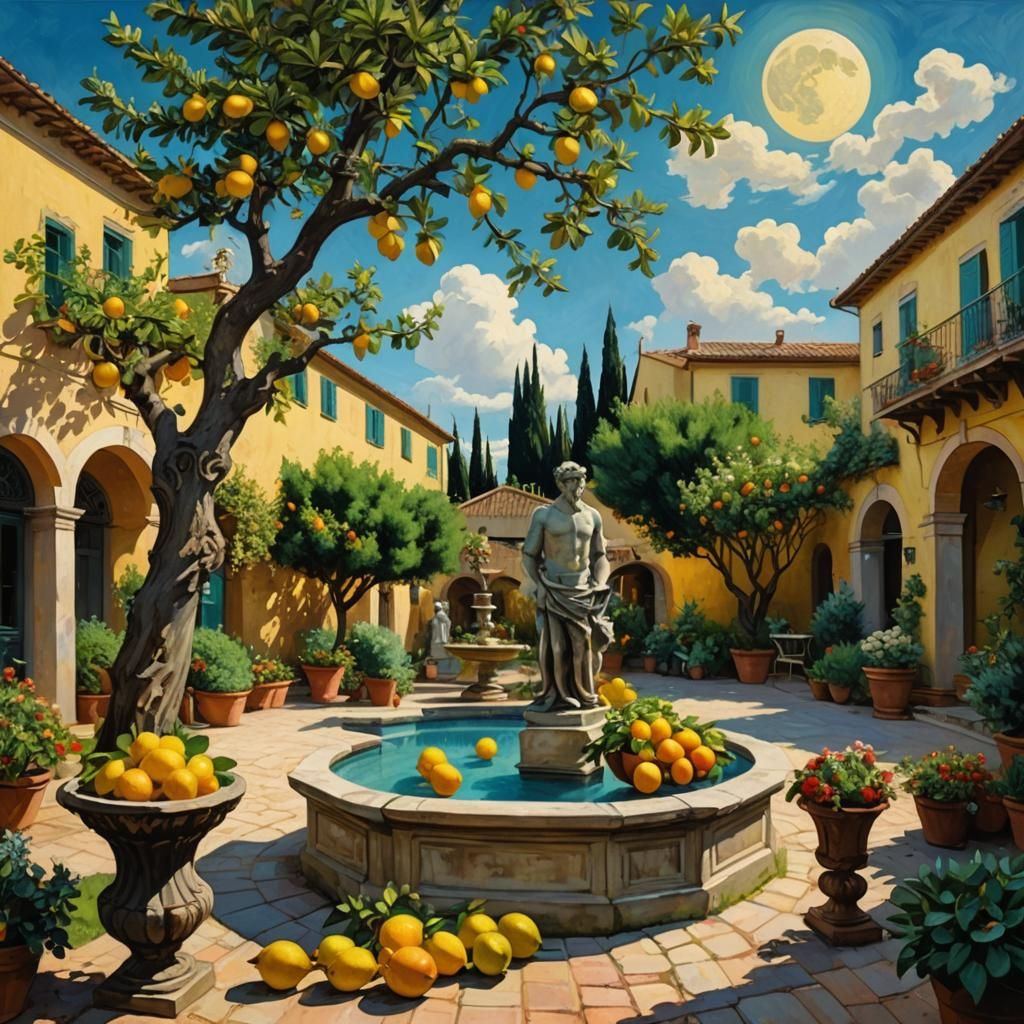 Springtime Italian Courtyard with van Gogh Moon