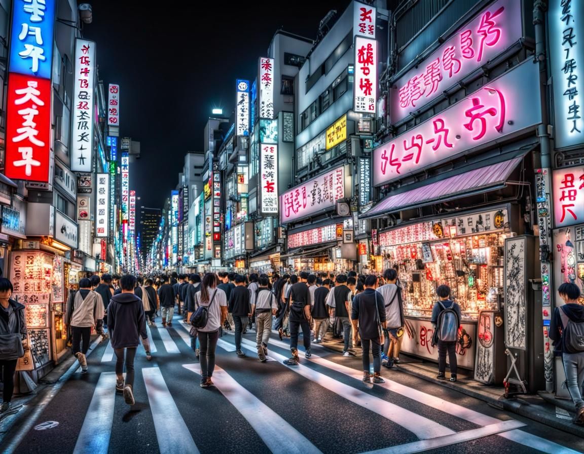 Nighttime Harajuku Street Scene with Neon Lights