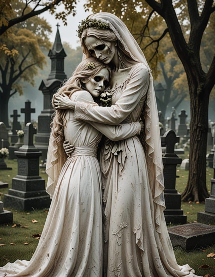Ghost Bride Embraces Crying Mother in Graveyard