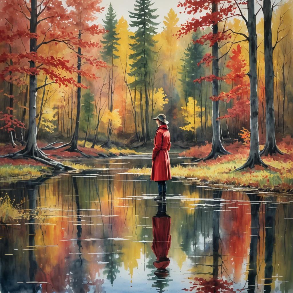 Woman in Red Coat: Impressionistic Lakeside Autumn