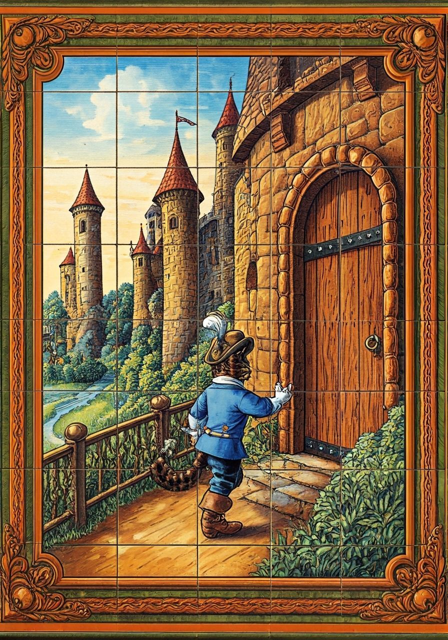 Colourful 1920s storybook tile mural, a cat in boots and a c...