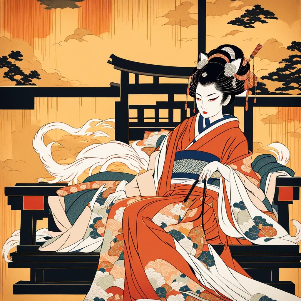 Kitsune Oiran in Ukiyo-e Woodblock Print Style