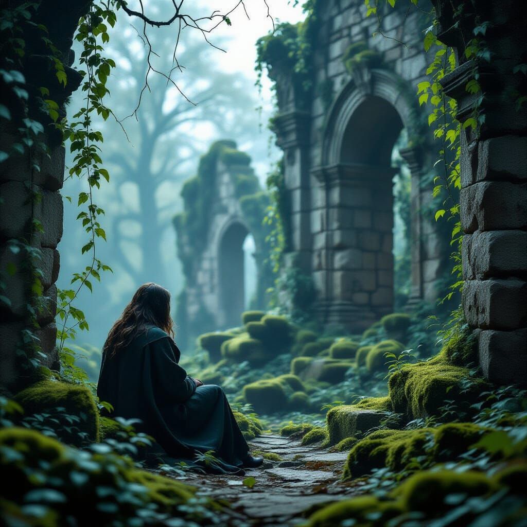 Contemplative Figure in Overgrown Ancient Ruins