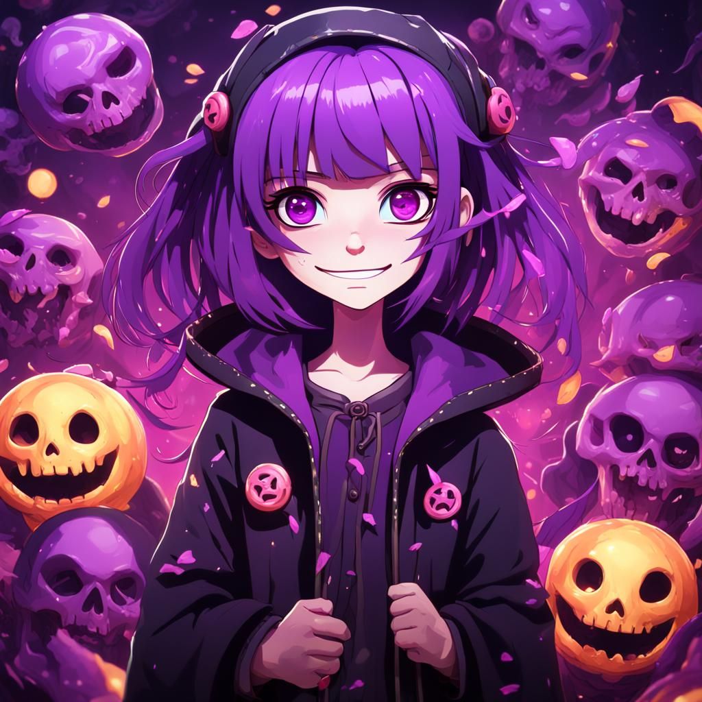 Dark Magic Girl with Purple Hair and Dead Bodies
