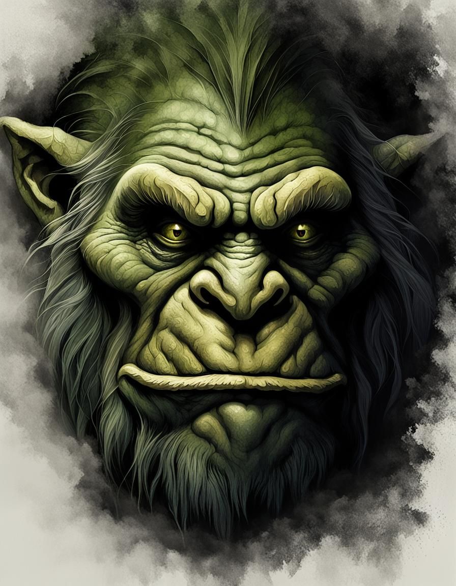 Menacing Troll Face in Misty Cave, Digital Art