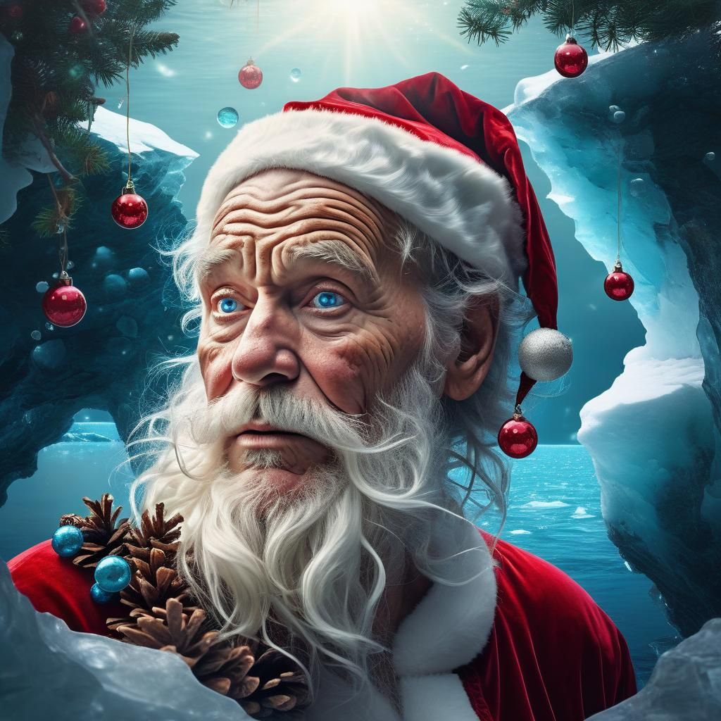 Santa Claus Climbing Icebergs: Surreal Digital Collage