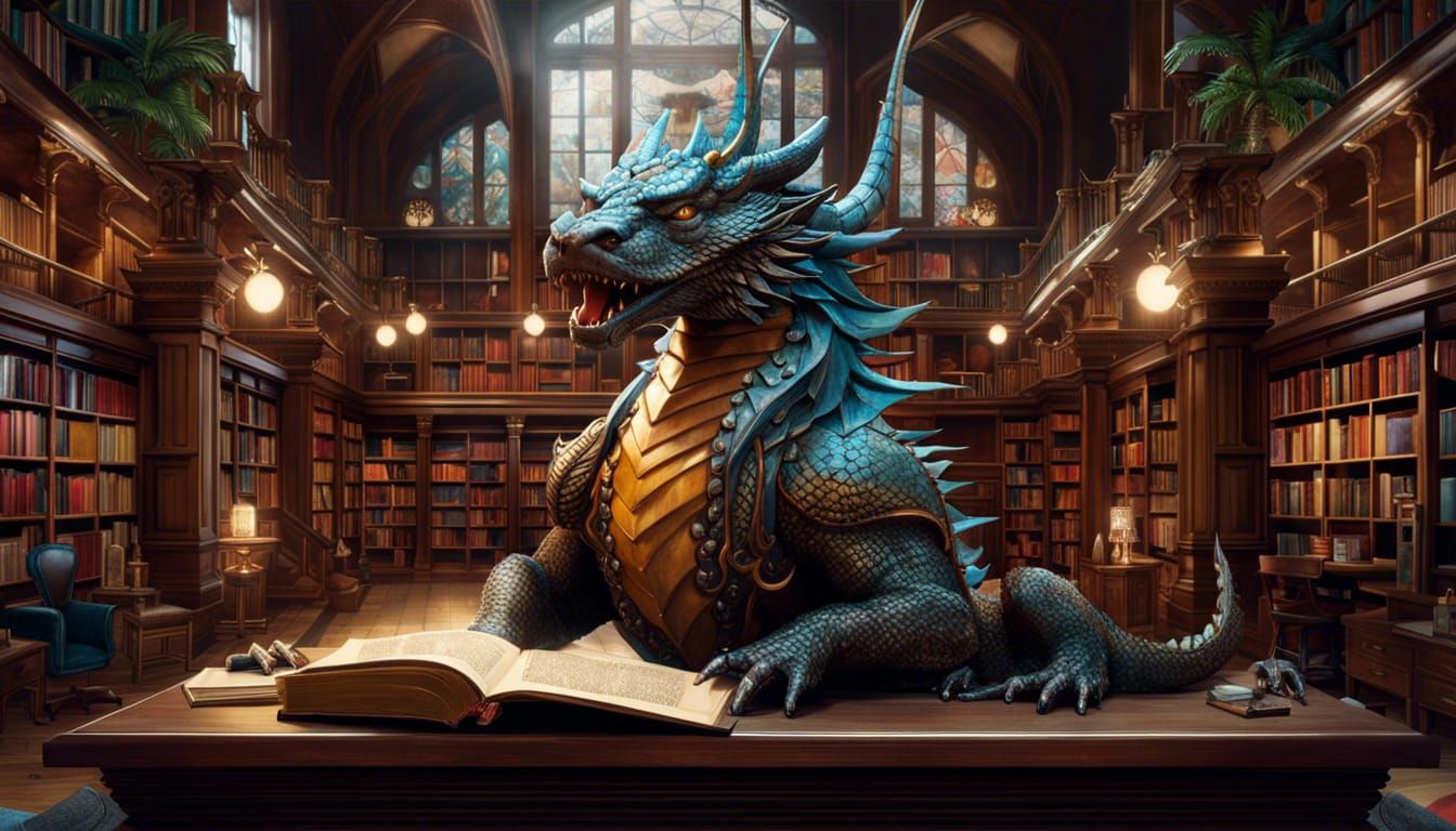 Dog-Dragon Hybrid in Library, Fantasycore Artwork