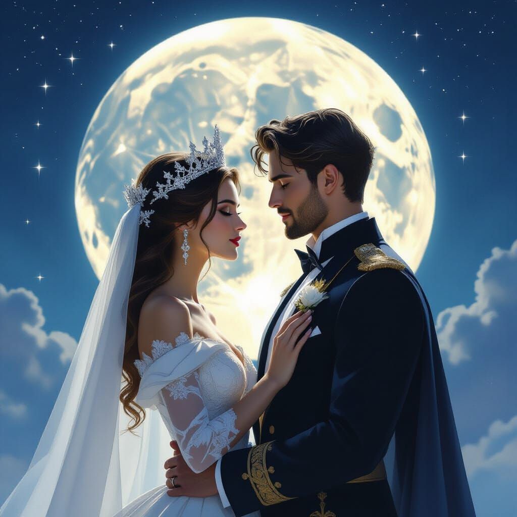 Regal Couple Under Moonlit Sky, Queen's Crown Sparkles