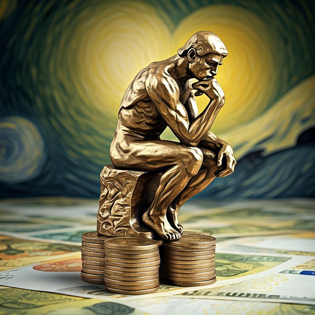 The Thinker Sculpture Made of Coins and Paper Mache